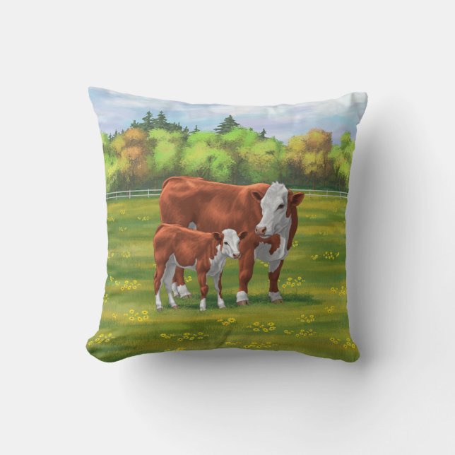 Hereford Cow & Cute Calf in Summer Pasture Cushion (Front)