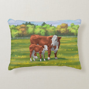 Hereford Cow & Cute Calf in Summer Pasture Decorative Cushion