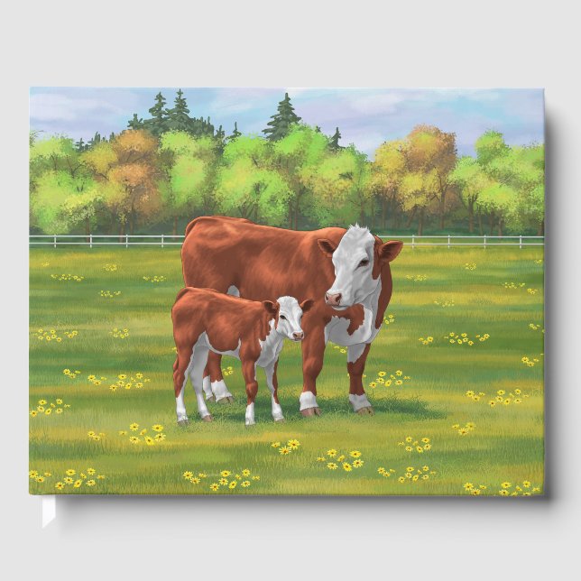 Hereford Cow & Cute Calf in Summer Pasture Guest Book (Front)