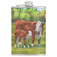 Hereford Cow & Cute Calf in Summer Pasture
