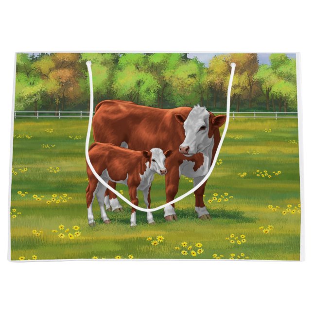 Hereford Cow & Cute Calf in Summer Pasture Large Gift Bag (Front)