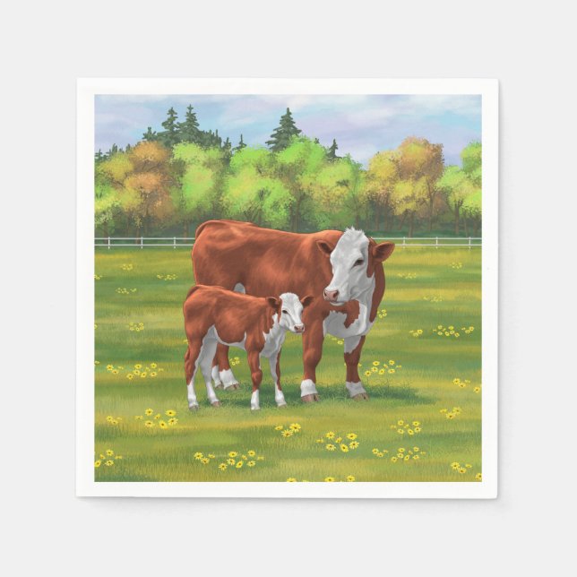Hereford Cow & Cute Calf in Summer Pasture Napkin (Front)