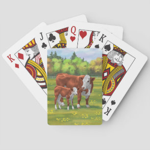 Hereford Cow & Cute Calf in Summer Pasture Playing Cards