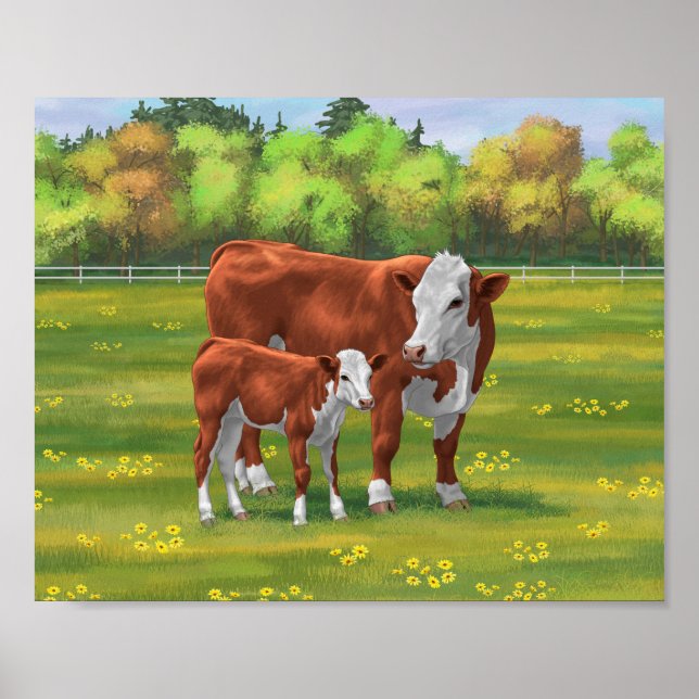 Hereford Cow & Cute Calf in Summer Pasture Poster (Front)