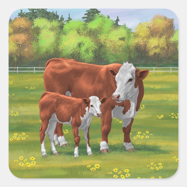 Hereford Cow & Cute Calf in Summer Pasture Square Sticker (Front)