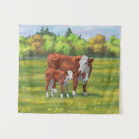 Hereford Cow & Cute Calf in Summer Pasture