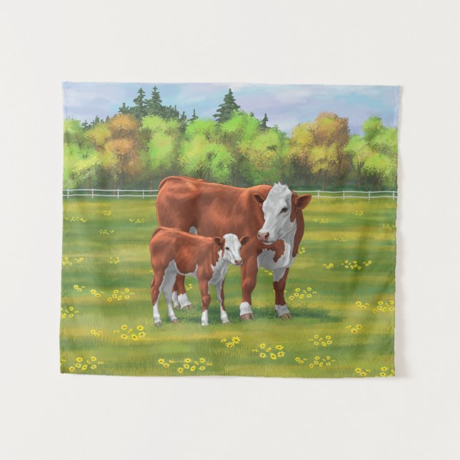 Hereford Cow & Cute Calf in Summer Pasture Tapestry (Front (Horizontal))