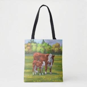 Hereford Cow & Cute Calf in Summer Pasture Tote Bag
