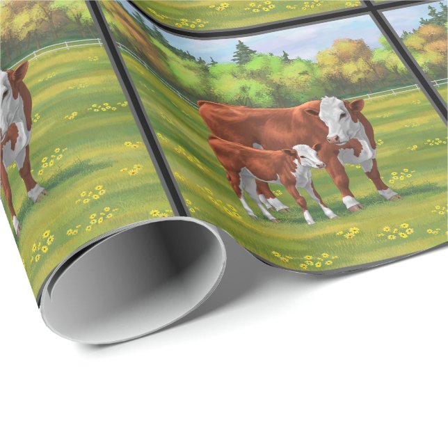 Hereford Cow & Cute Calf in Summer Pasture Wrapping Paper (Roll Corner)