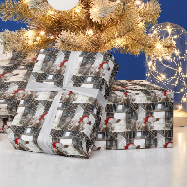 Hereford Cow With Santa Cap In Barn Wrapping Paper (Holidays)