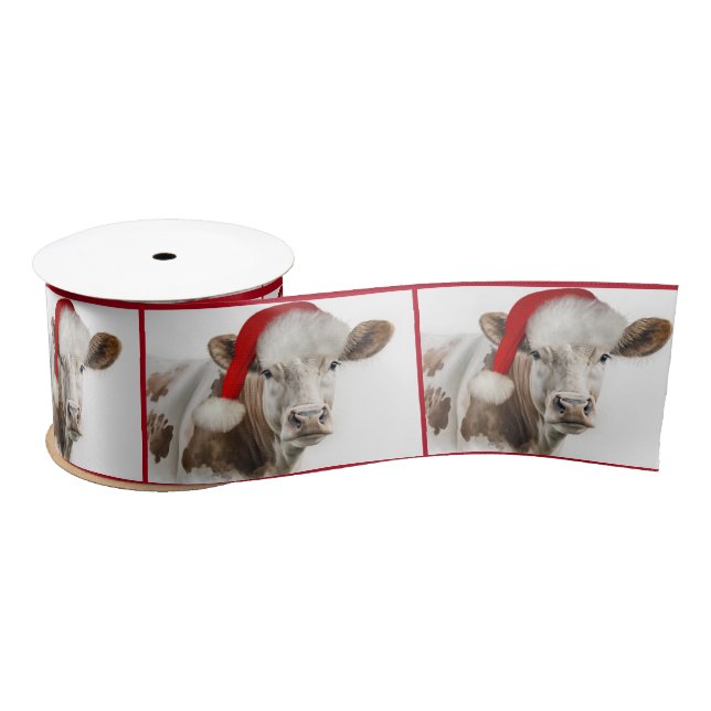 Hereford Cow with Santa Claus Hat Satin Ribbon (Spool)