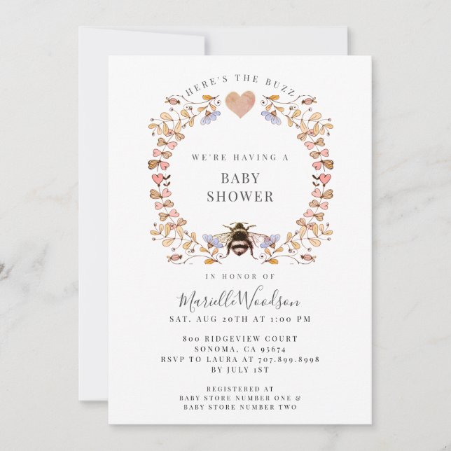 Here's The Buzz Floral Heart Bee Baby Shower   Invitation (Front)