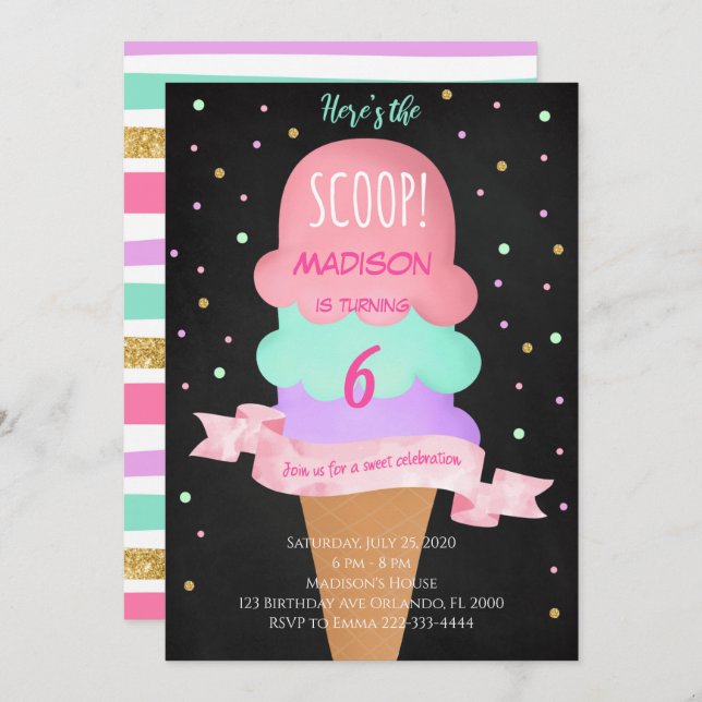 Here's the Scoop Black Ice Cream Birthday Invite (Front/Back)