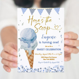 Here's The Scoop Blue Ice Cream Boy's 1st Birthday Invitation