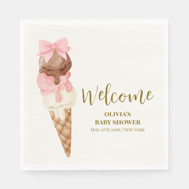 Here's The Scoop Bow Ice Cream Baby Shower Welcome Napkin (Front)