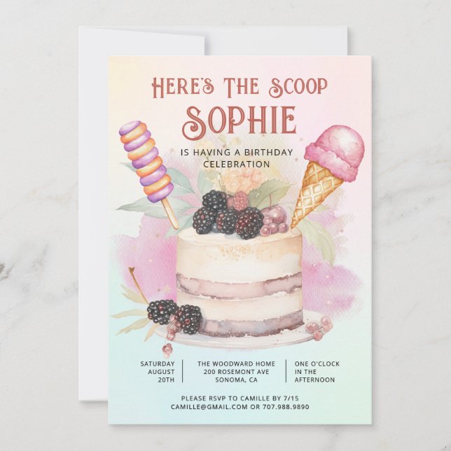 Here's The Scoop Colourful Kid's Ice Cream Birthda Invitation (Front)
