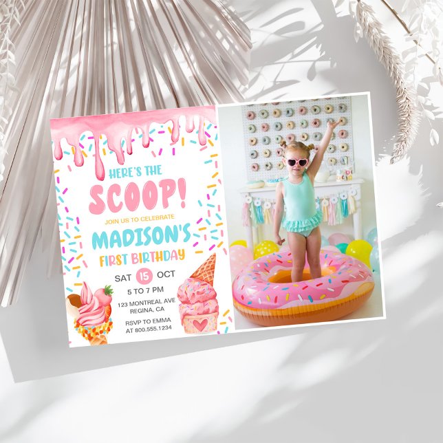 Here's the Scoop Girls Ice Cream 1st Birthday  Invitation (Creator Uploaded)