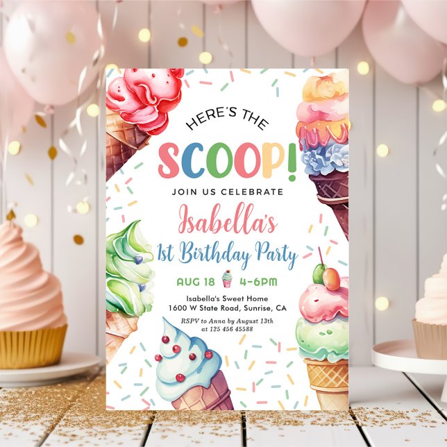 Here's the Scoop Girls Ice Cream 1st Birthday Invitation (Creator Uploaded)
