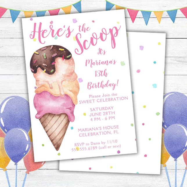 Here's the Scoop Girls Ice Cream Birthday Invitati Invitation (Creator Uploaded)