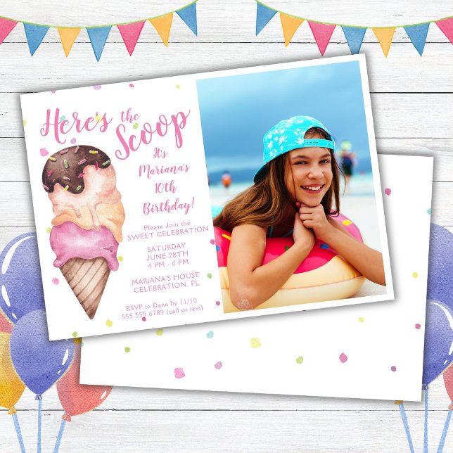 Here's the Scoop Girls Ice Cream Photo Birthday Invitation (Creator Uploaded)