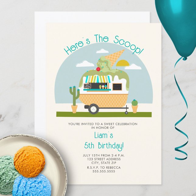Here's The Scoop Green Ice Cream Truck Birthday Invitation (Creator Uploaded)
