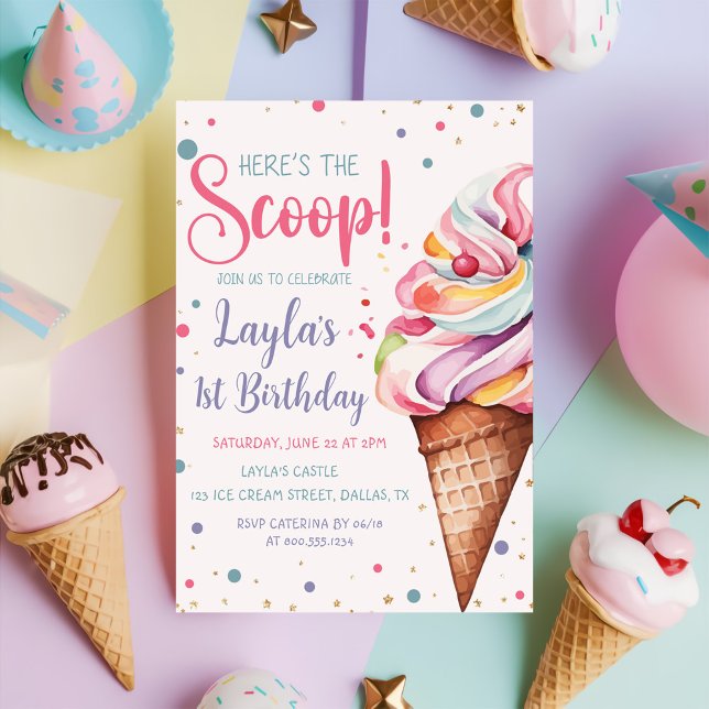 Here's The Scoop Ice Cream 1st Birthday  Invitation (Creator Uploaded)
