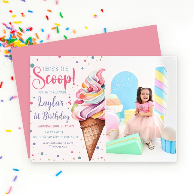 Here's The Scoop Ice Cream 1st Birthday Photo Invitation (Creator Uploaded)