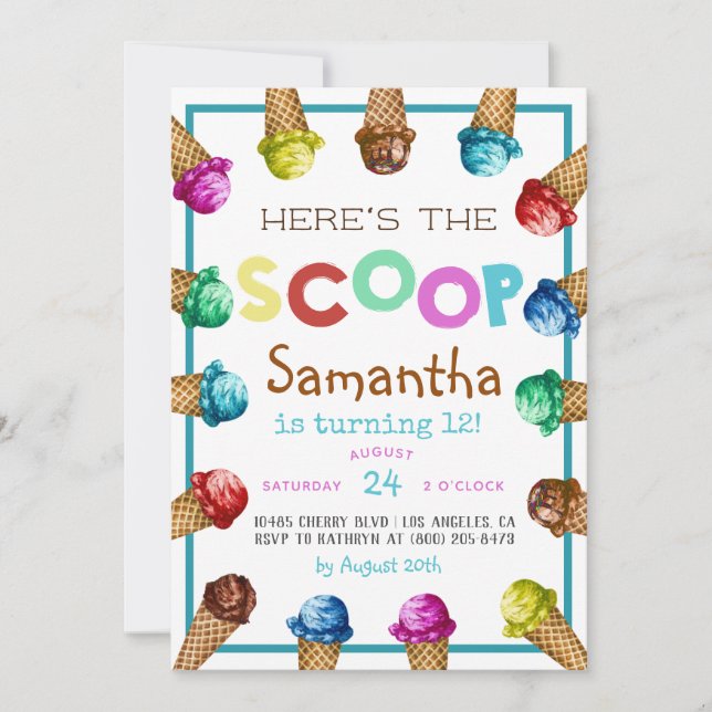 Here's the Scoop Ice Cream Birthday Invitation (Front)