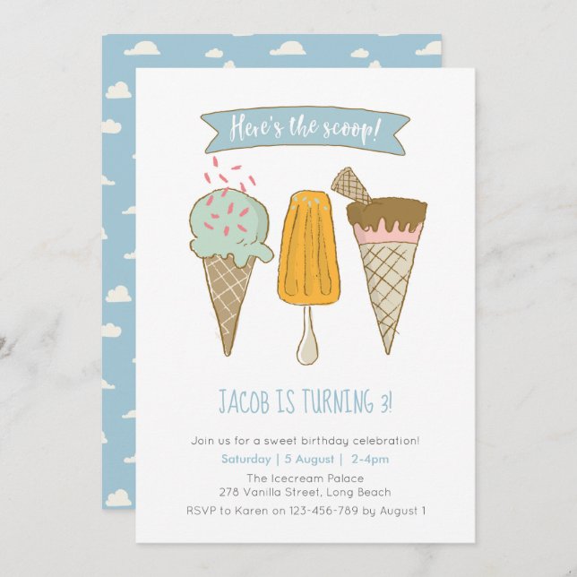 Here's the scoop Ice cream birthday invitation (Front/Back)