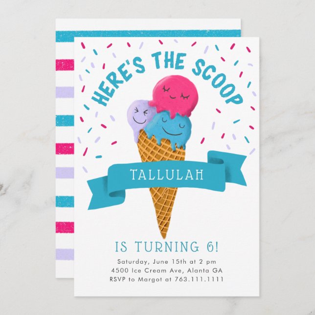 Here's the Scoop Ice Cream Birthday Party Invitation (Front/Back)