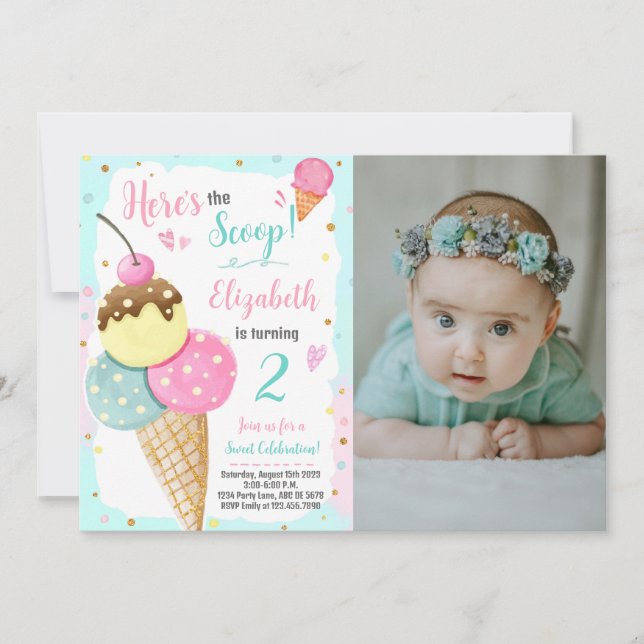 Here's The Scoop Ice Cream Birthday Photo Invitation (Front)