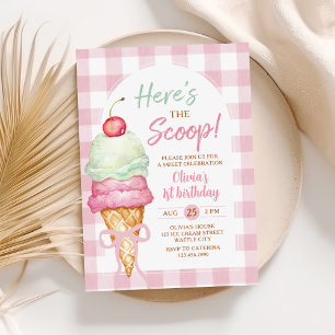 Here's The Scoop Ice Cream Bow 1st Birthday Invitation