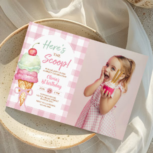 Here's The Scoop Ice Cream Bow 1st Birthday Photo Invitation