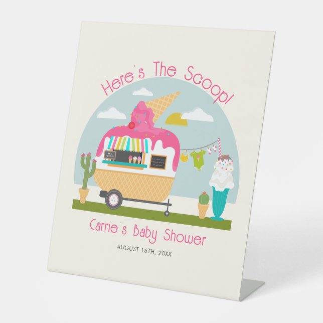 Here's The Scoop Ice Cream Camper Girl Baby Shower Pedestal Sign (Front)