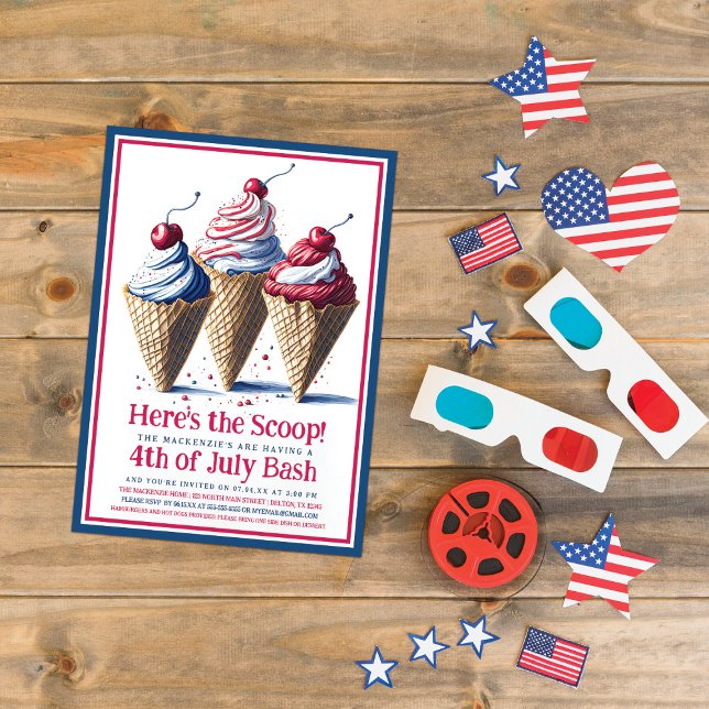 Here's the Scoop Ice Cream Cone 4th of July Party Invitation (Creator Uploaded)