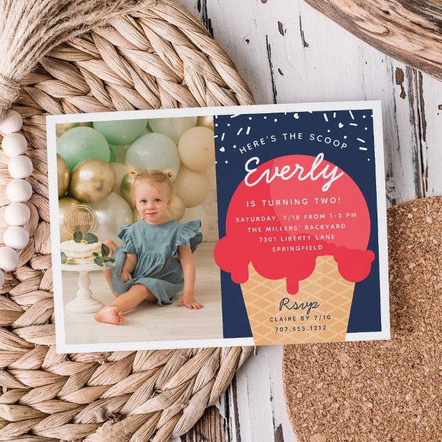 Here's The Scoop Ice Cream Cone Kid Birthday Photo Invitation (Creator Uploaded)