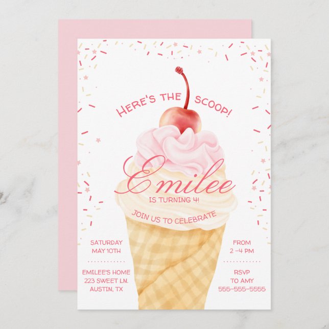 Here's the Scoop Ice Cream cone summer Birthday  Invitation (Front/Back)