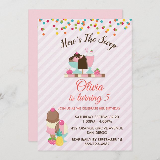 Here's The Scoop Ice Cream & Confetti Birthday Invitation (Front/Back)