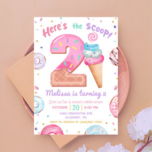 Here's the Scoop Ice Cream Doughnut 2nd Birthday Invitation