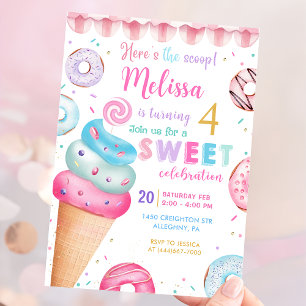 Here's the Scoop Ice Cream Doughnut Birthday Invitation