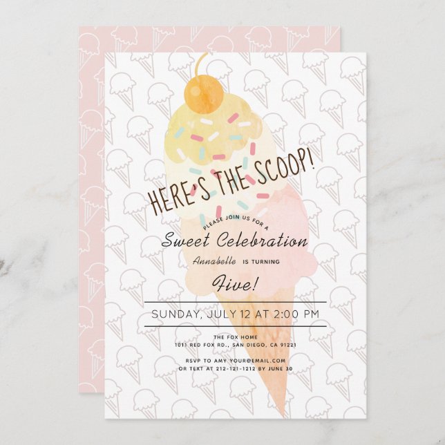 Here's the Scoop Ice Cream Girl Pink Birthday Invitation (Front/Back)