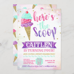 Here's The Scoop Ice Cream Gold Glitter Birthday Invitation