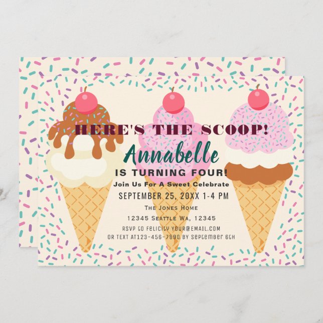 Here's the Scoop Ice Cream Kids Birthday Party Inv Invitation (Front/Back)