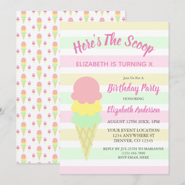 Here's The Scoop Ice Cream Summer Birthday Invitation (Front/Back)