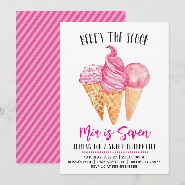 Here's the Scoop Pink Ice Cream Birthday  Invitation (Front/Back)