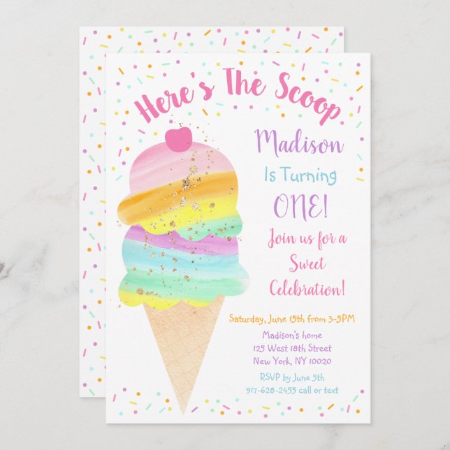 Here's The Scoop Rainbow Ice Cream Birthday Invitation (Front/Back)