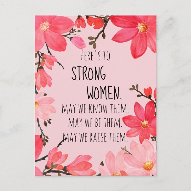Here's to Strong Women Cherry Red & Pink Floral Postcard (Front)