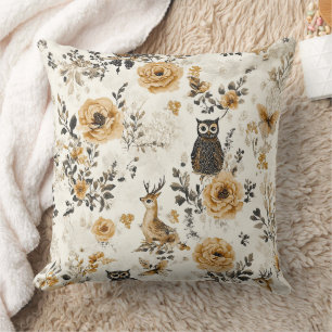 Heritage Beige Owl Botanical Floral Pattern Cushion