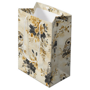 Heritage Beige Owl Botanical Floral Pattern Medium Gift Bag