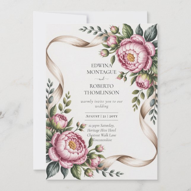 Heritage Blush Peony & Ribbon Botanical Wedding Invitation (Front)